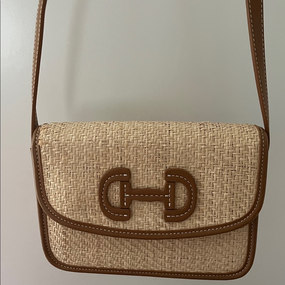 Woven Tan Crossbody Bag with Brown Trim